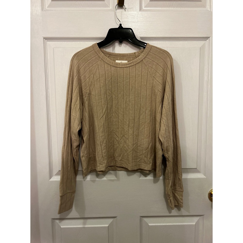OFFLINE by Aerie Women Tan Ribbed Crewneck Long Sleeve Top Small